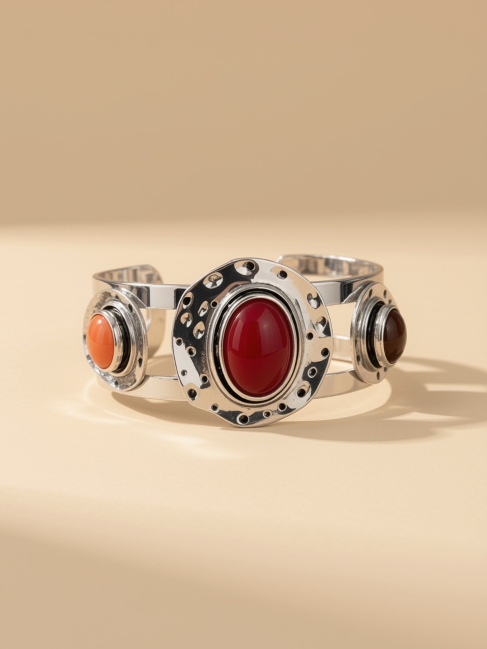 Silver Cuff Bracelet with Red, Orange and Brown Cabochons